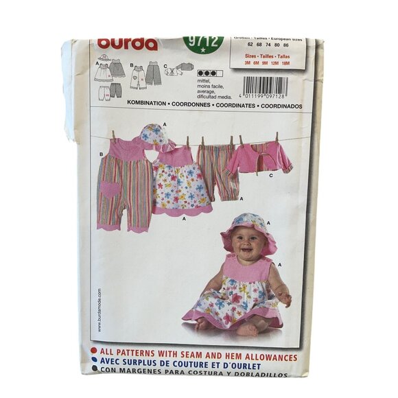 Burda 9712 Baby Sewing Pattern Coordinates Dress Hat Pants Sizes 3M-18M - Picture 1 of 2